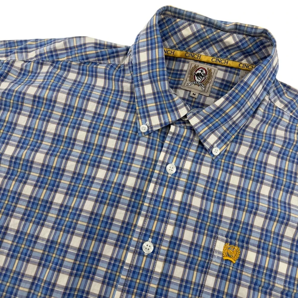 Cinch Button Down Shirt Mens Medium Blue Plaid Short Sleeve Cotton Western